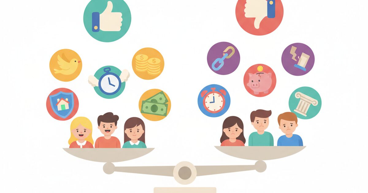 フリーランスのメリットとデメリットのイラスト