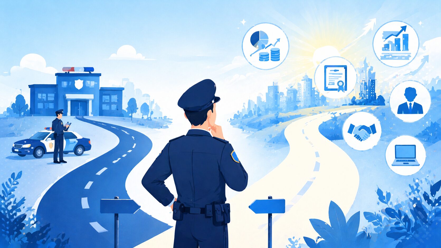 警察官が在職中に将来の準備をするイメージイラスト