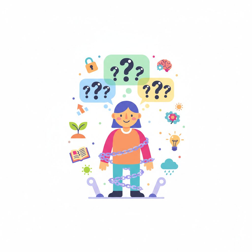 思い込みに縛られる人のイラスト