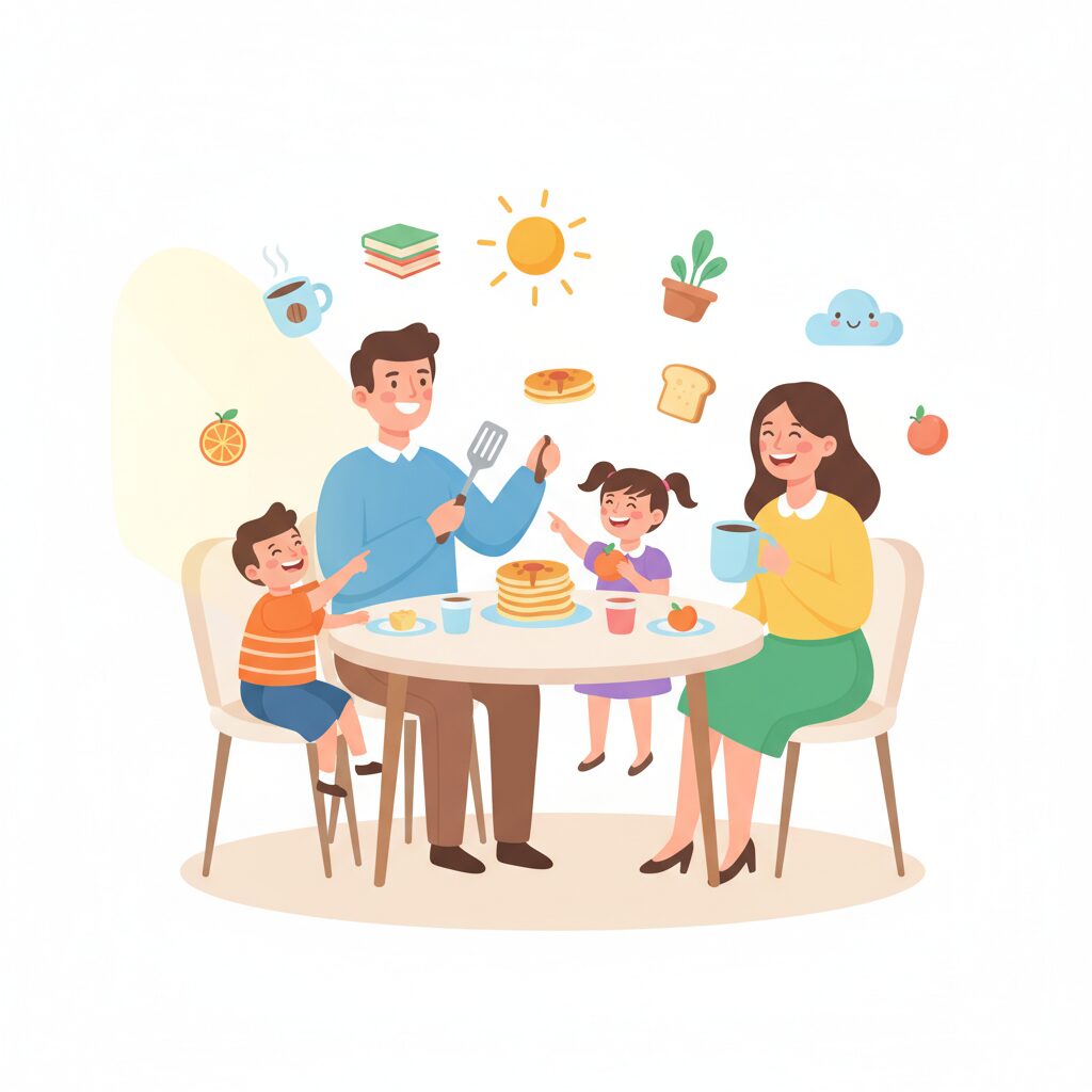 家族と朝食を囲むイラスト
