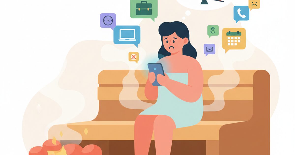 サウナでも携帯を握りしめる元警察官のイラスト