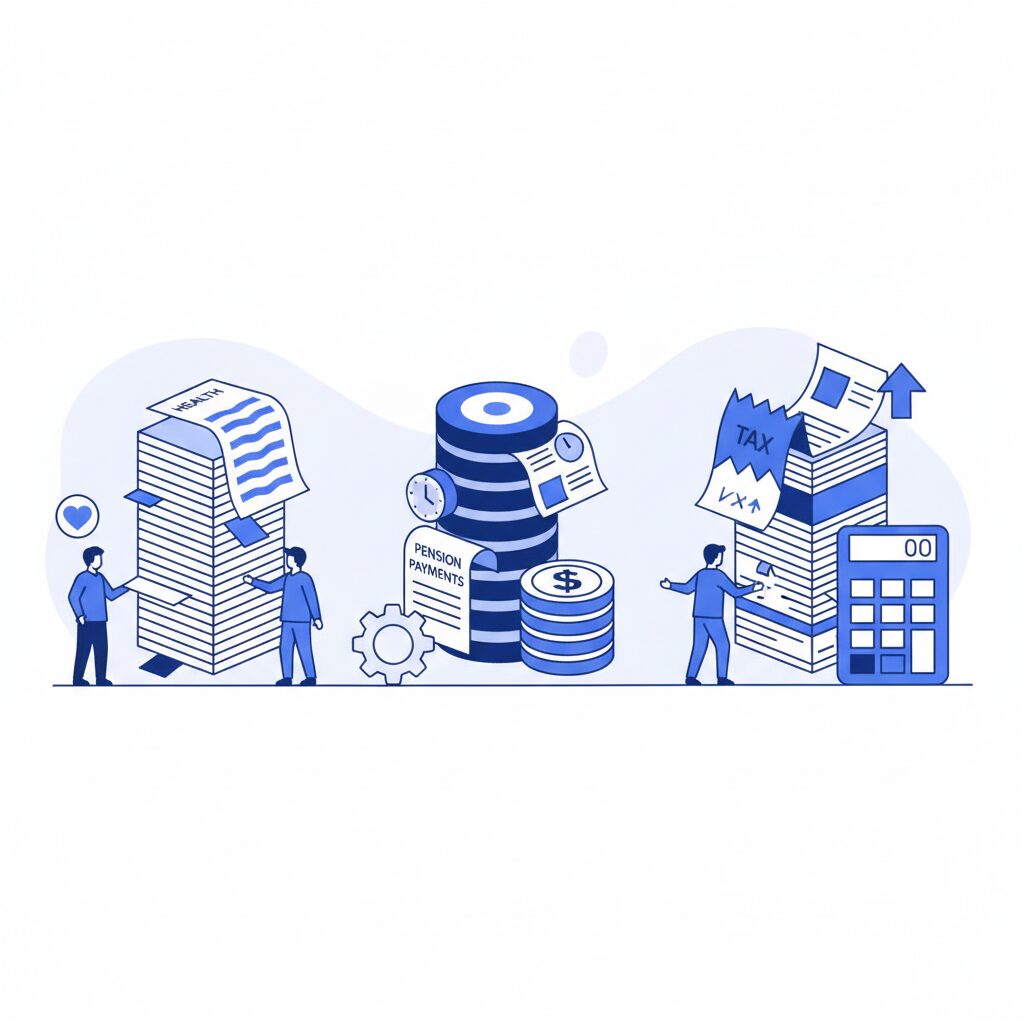 退職後にかかる健康保険料・年金・住民税のイラスト