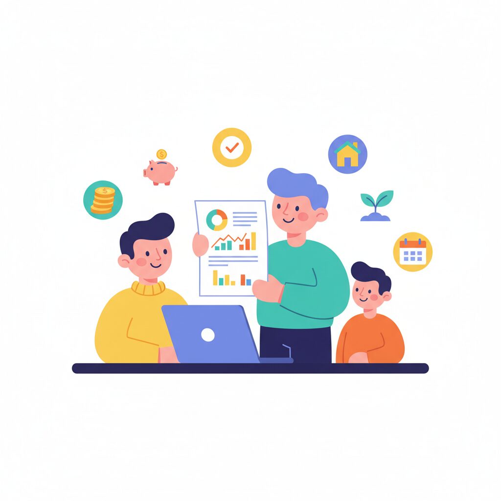 ライフプランを家族にプレゼンするイラスト