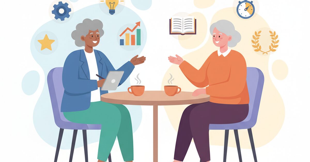 シニアキャリアコーチに相談するイラスト