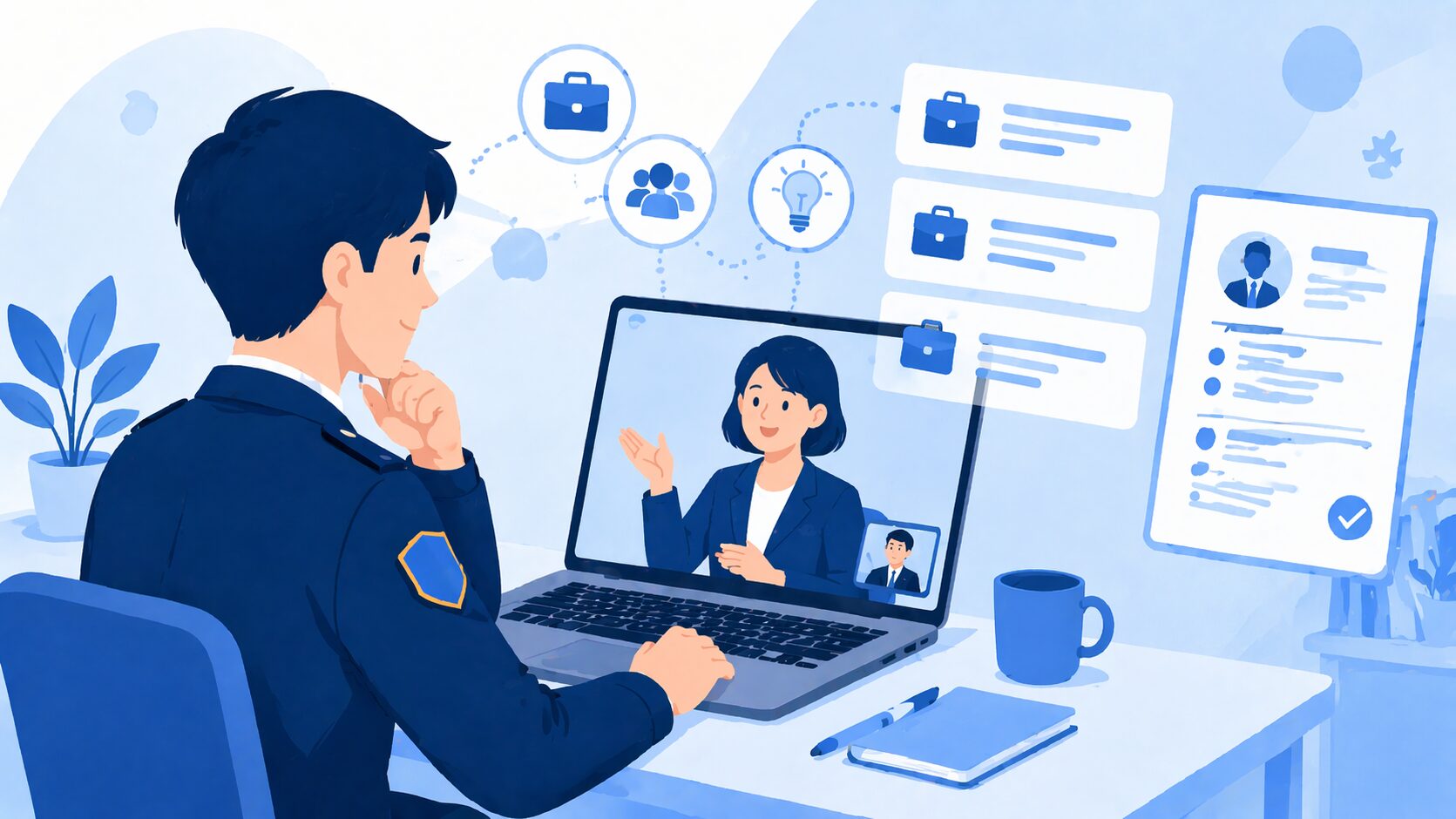 転職エージェントとオンライン面談するイメージイラスト