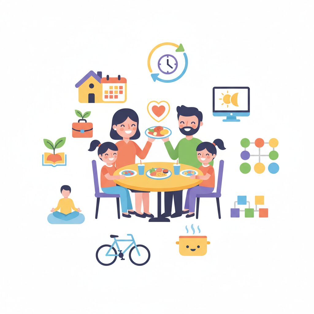 転職後に家族で団らんするイラスト