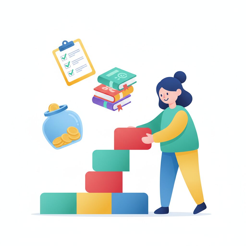 独立前の準備を積み上げるイラスト