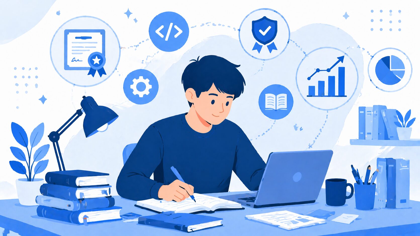 資格取得とスキルアップに取り組むイメージイラスト