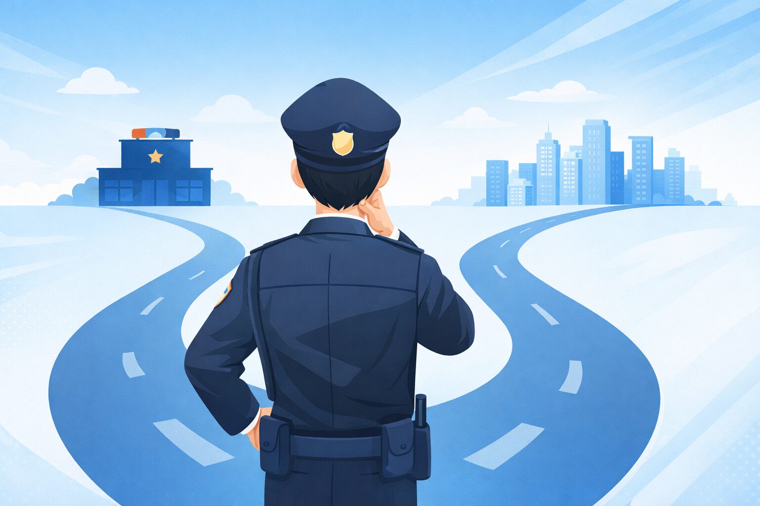 警察官に向いていないと感じた若手が岐路に立つイラスト